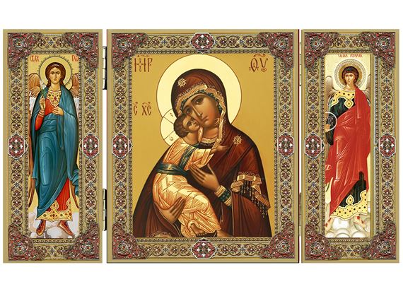 VIRGIN OF VLADIMIR WITH ARCHANGELS MICHAEL AND GABRIEL TRIPTYCH - 5"